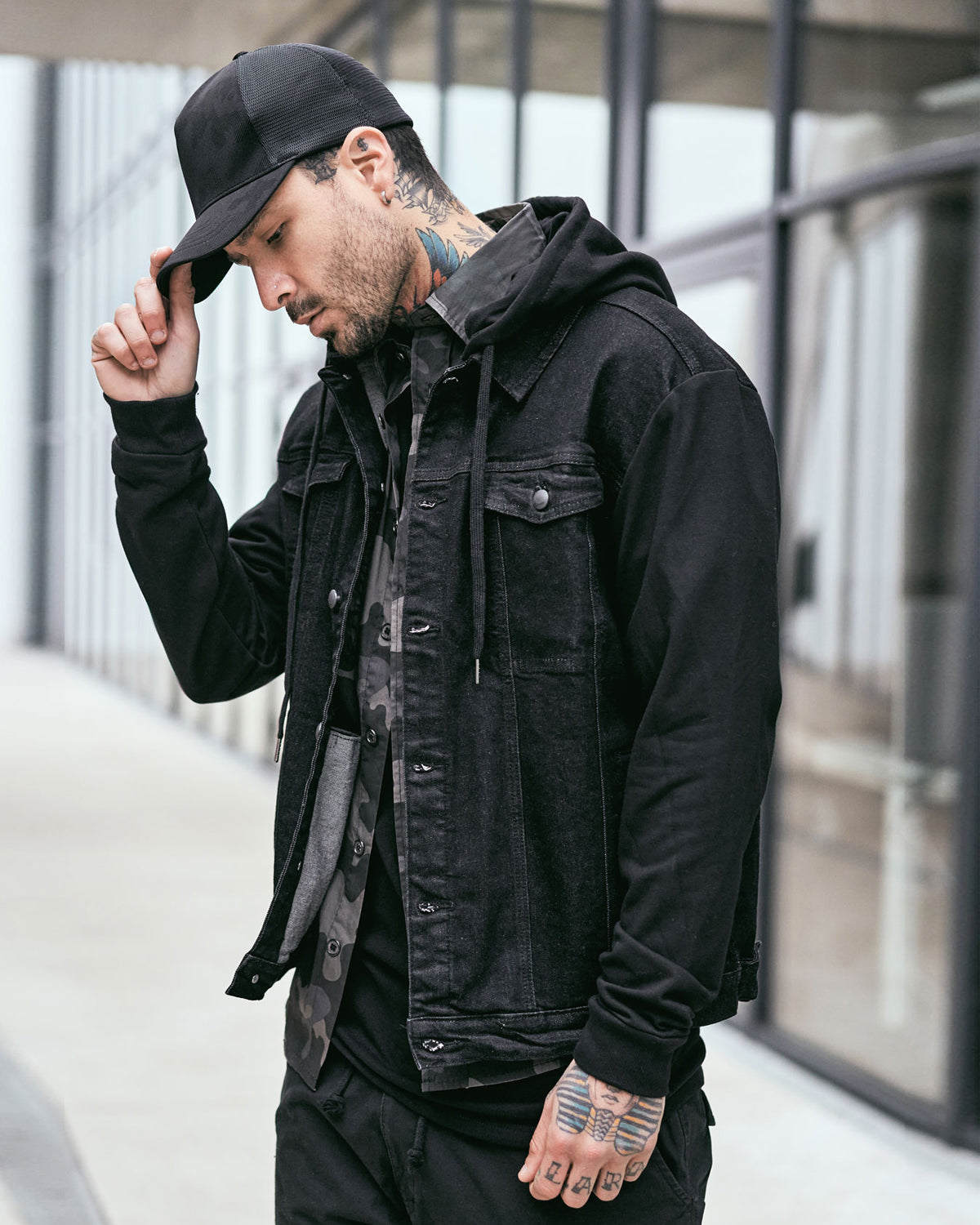 Denim jacket with black sleeves hot sale and hood